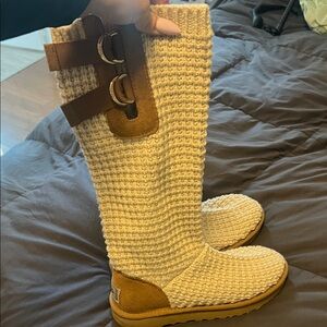 UGG Cream Knit Boots with Brown Buckles